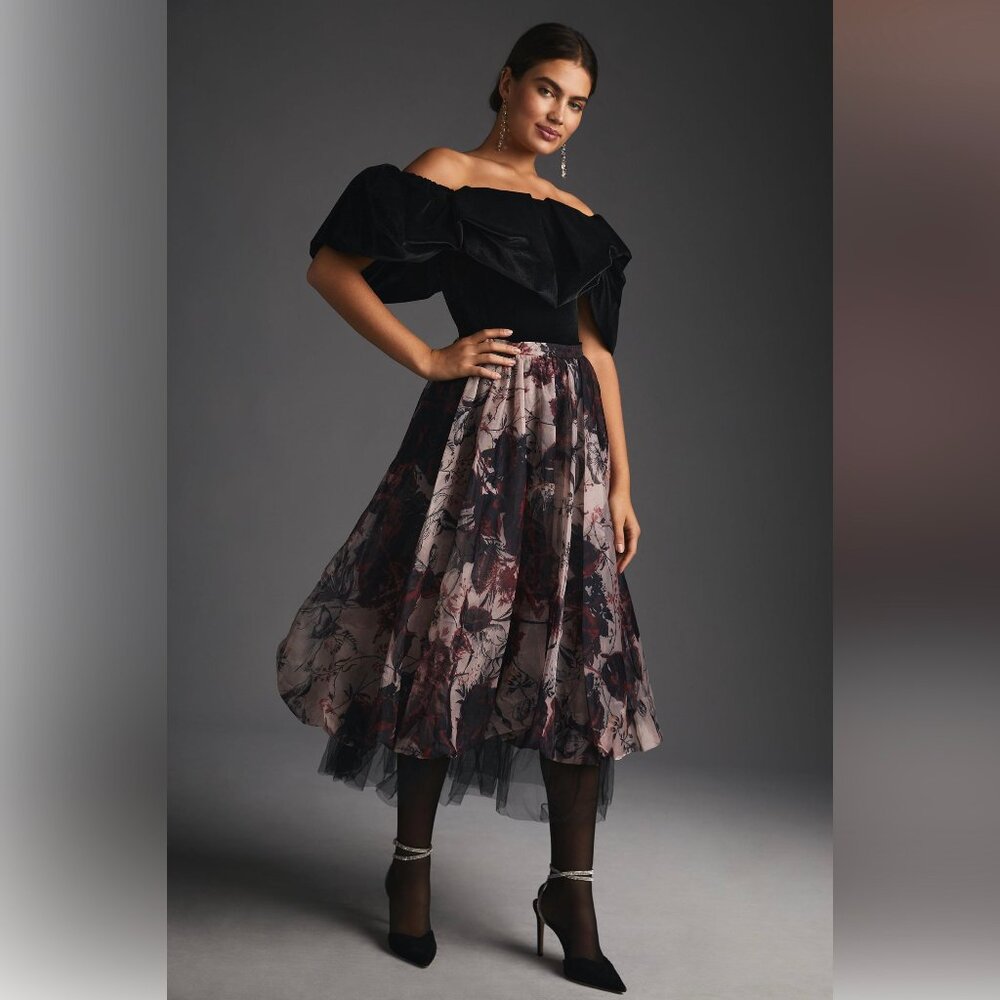 Anthropologie Organza Bubble Midi Skirt Size 4 Purple Black Floral, worn 1x